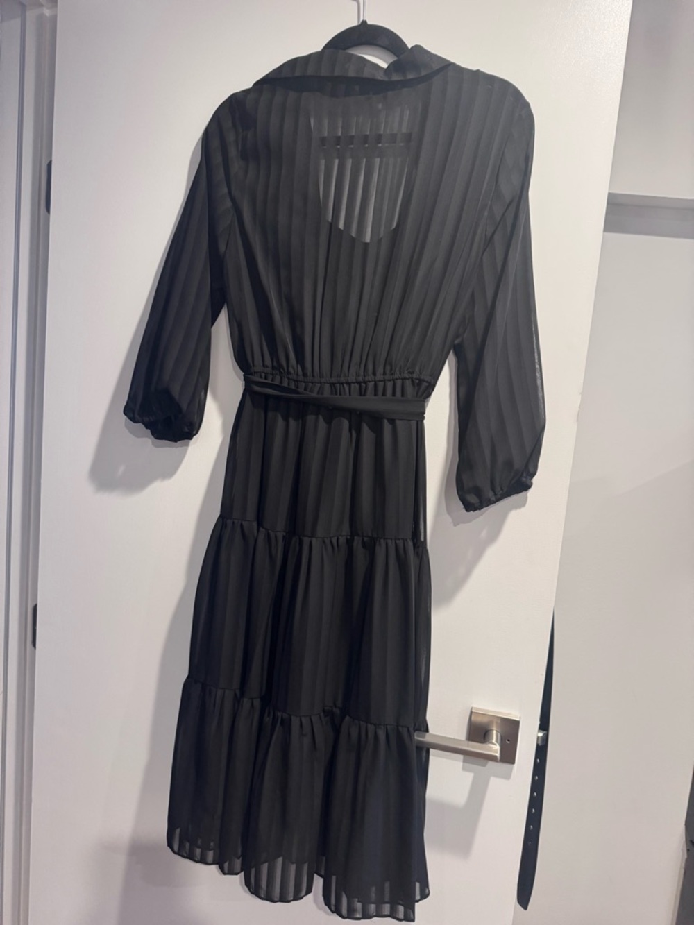 Black Tiered Long-Sleeve Shirt Dress with Waist Tie - Picture 10 of 10